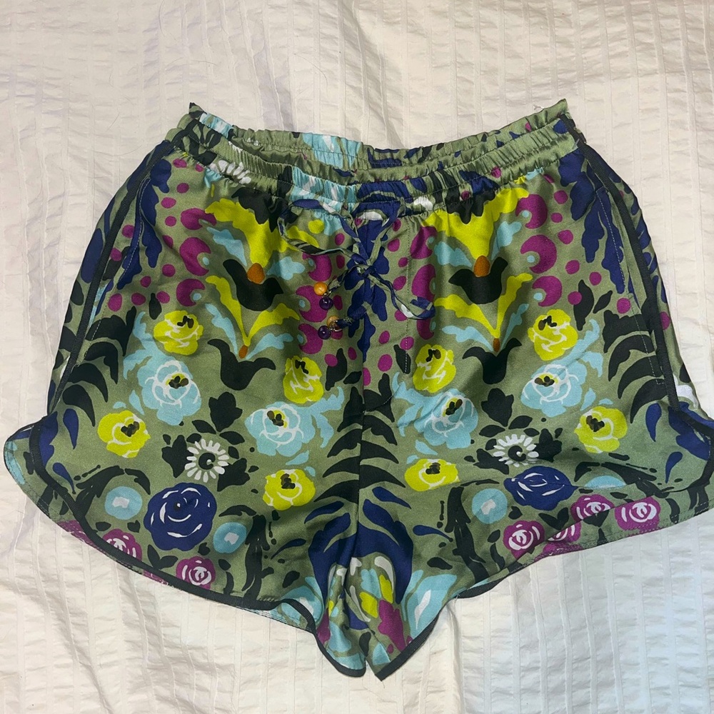 Zara Olive Floral High-Waist Shorts with Blue & Yellow Accents - Picture 1 of 4